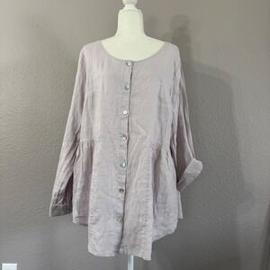 Sigrid Olsen Women's Size L Lavender 100% Linen Button Up Peplum Top